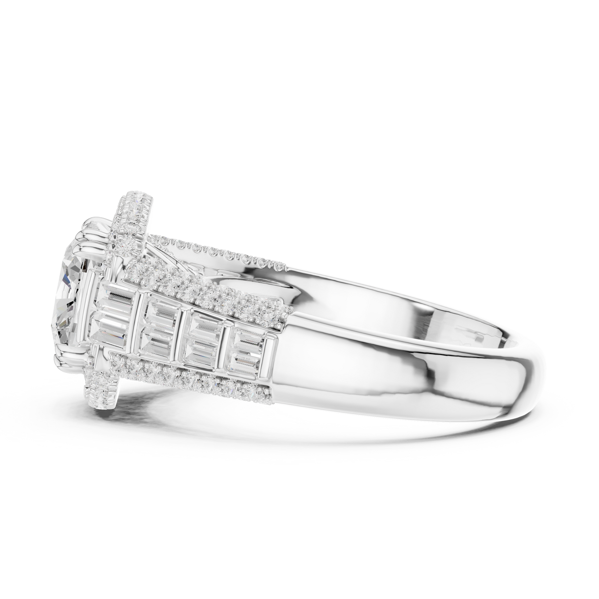 Gold 3Ct Cushion Halo Pave Baguette Lab Grown Diamond Cireyne Ring
