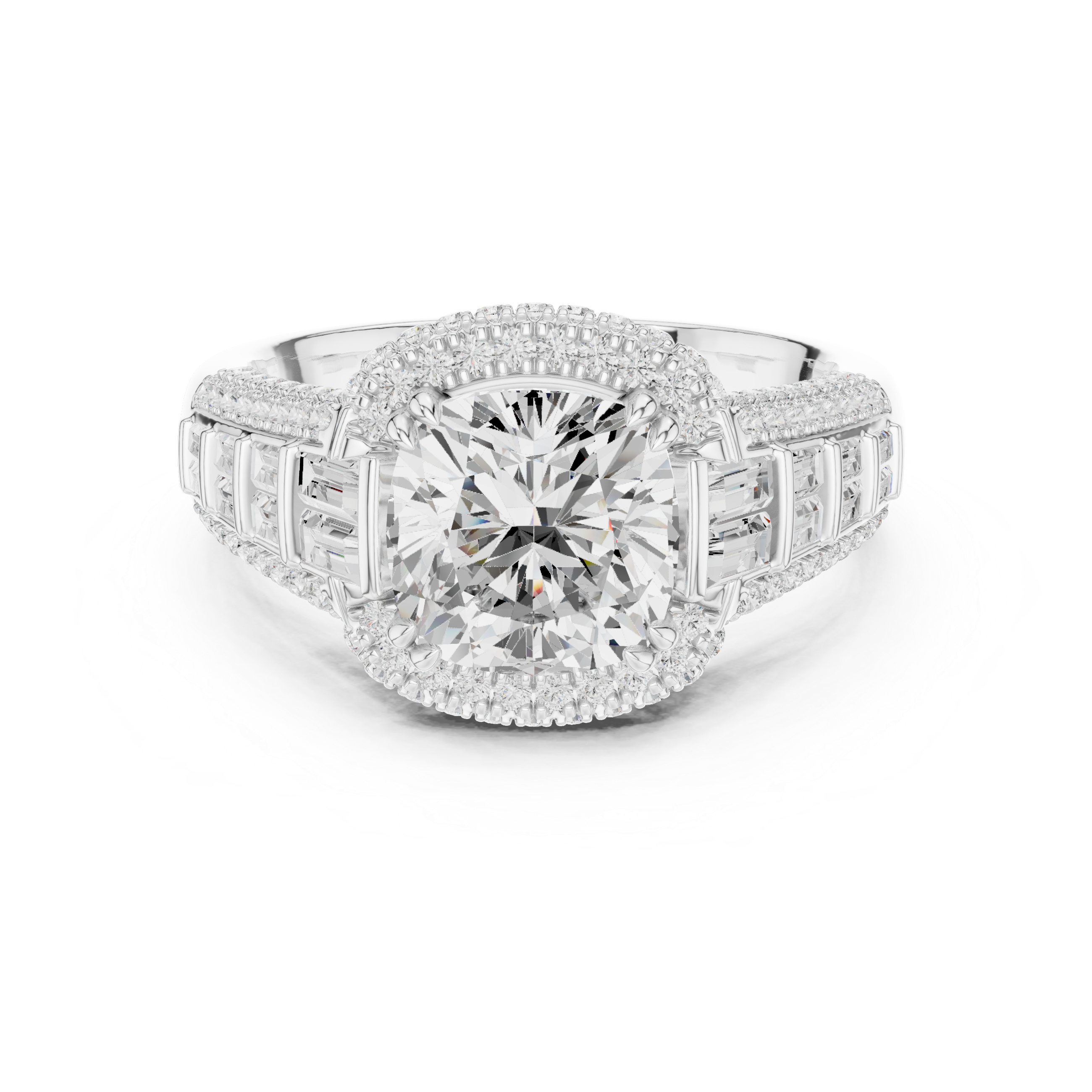 Gold 3Ct Cushion Halo Pave Baguette Lab Grown Diamond Cireyne Ring