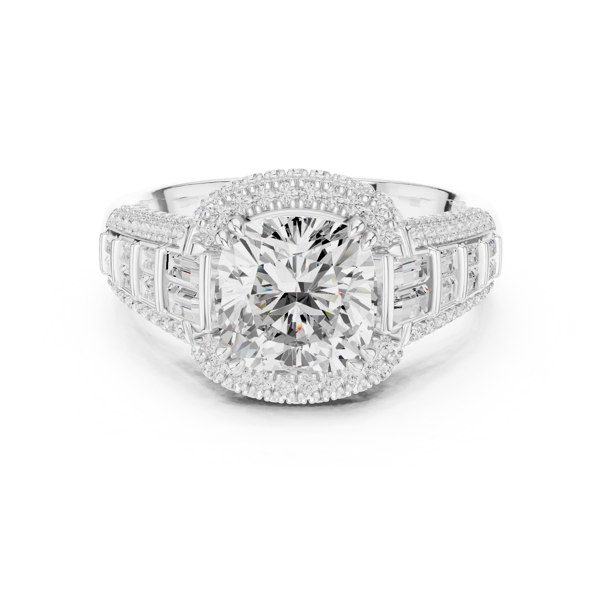 Gold 3Ct Cushion Halo Pave Baguette Lab Grown Diamond Cireyne Ring