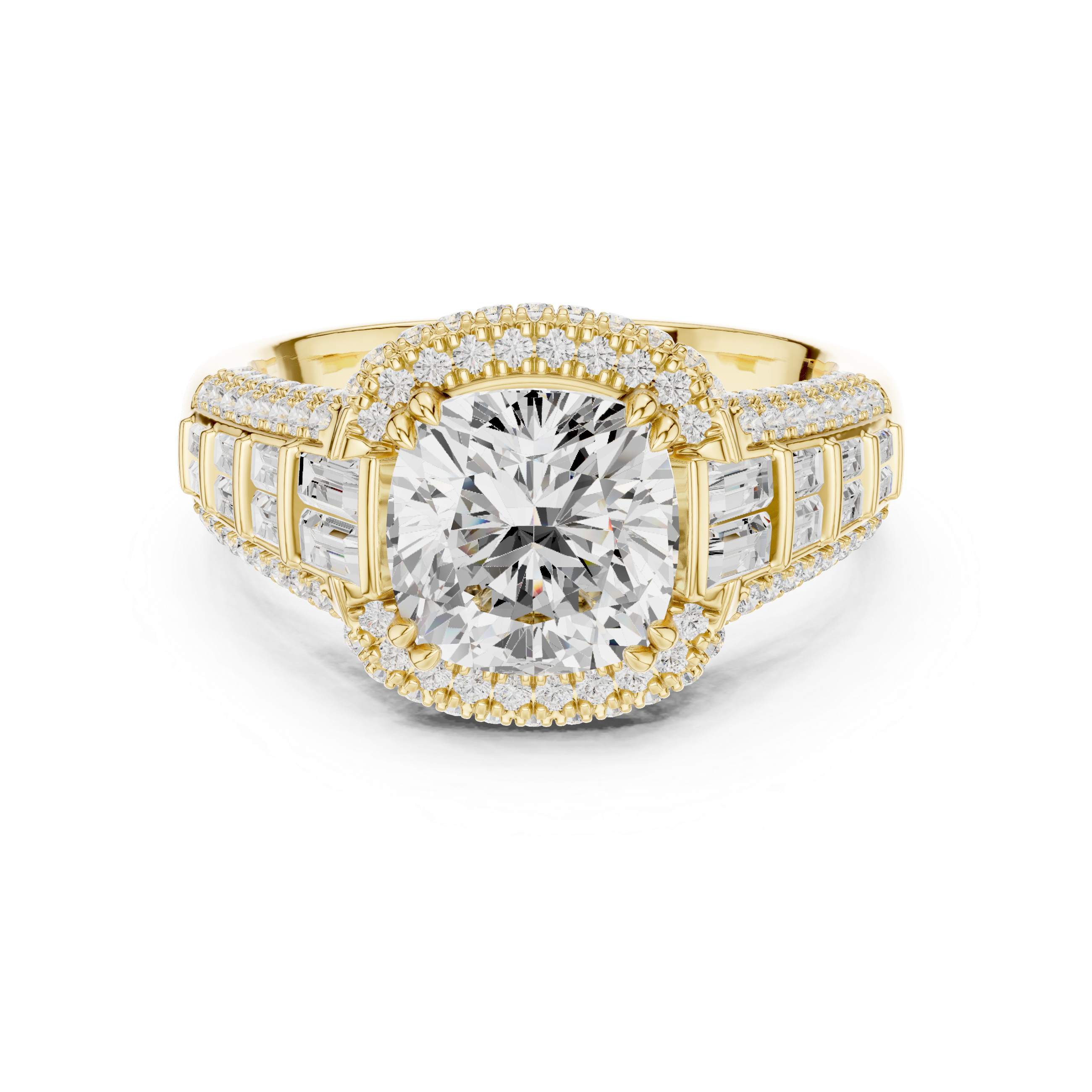 Gold 3Ct Cushion Halo Pave Baguette Lab Grown Diamond Cireyne Ring
