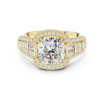 Gold 3Ct Cushion Halo Pave Baguette Lab Grown Diamond Cireyne Ring