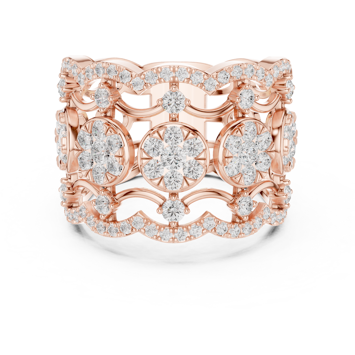 Gold Multi Row Pave Band Round Lab Grown Diamond Zerlyn Ring