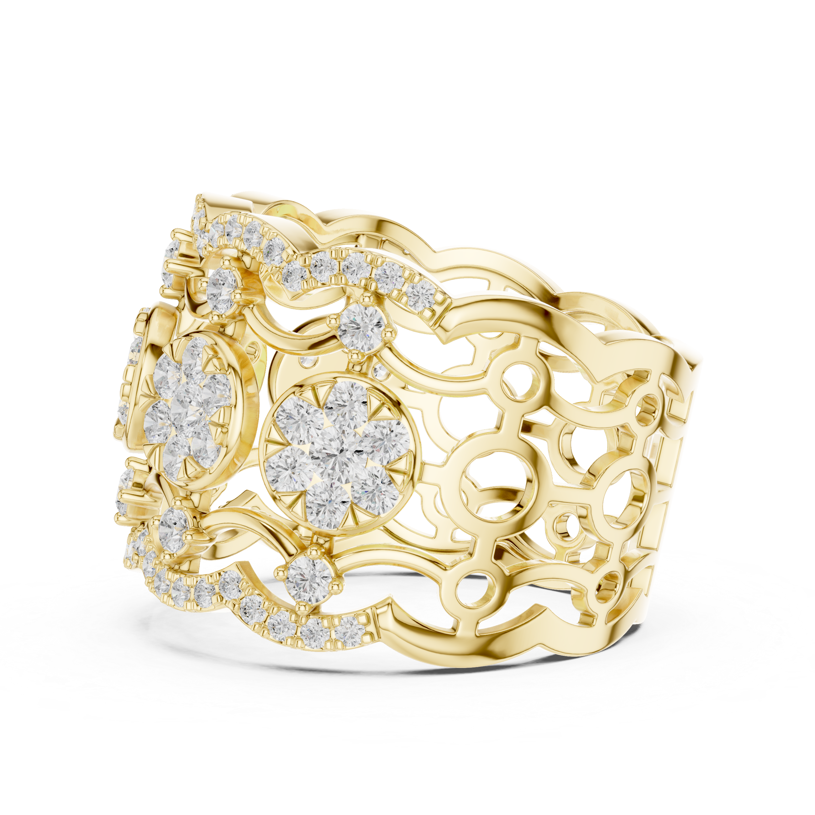 Gold Multi Row Pave Band Round Lab Grown Diamond Zerlyn Ring