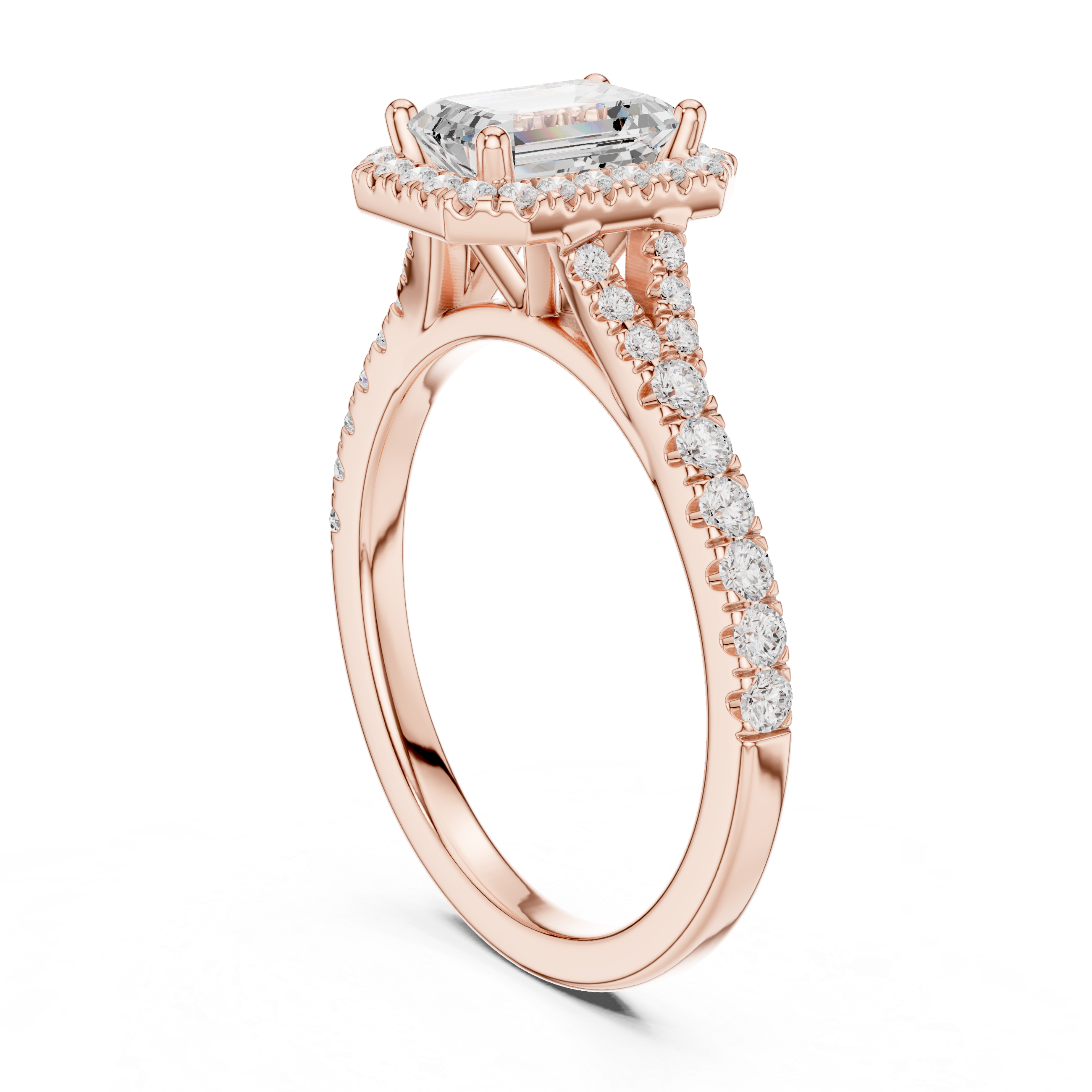 Gold 1Ct Emerald Cut Halo Pave Split Shank Lab Grown Diamond Mirara Ring