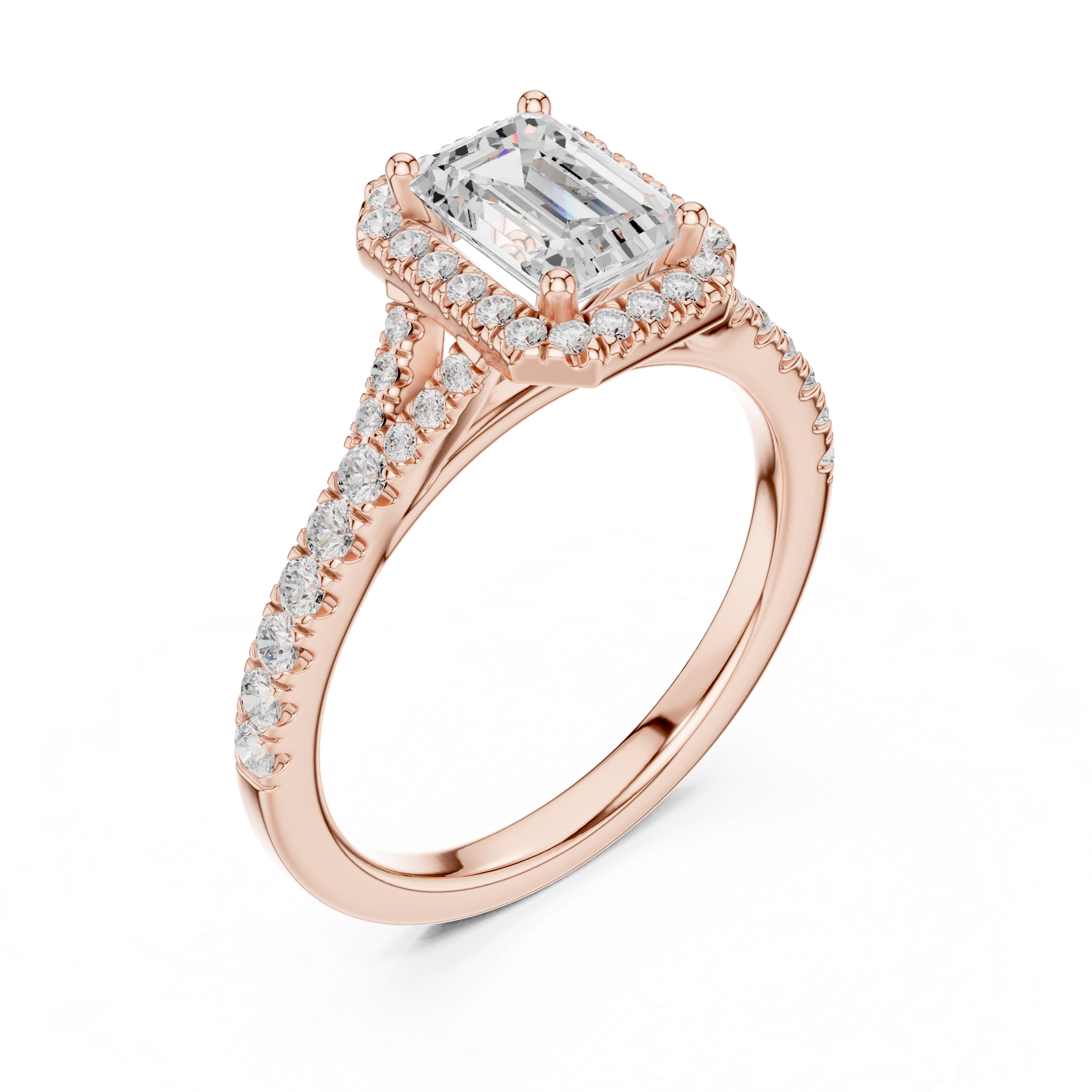 Gold 1Ct Emerald Cut Halo Pave Split Shank Lab Grown Diamond Mirara Ring
