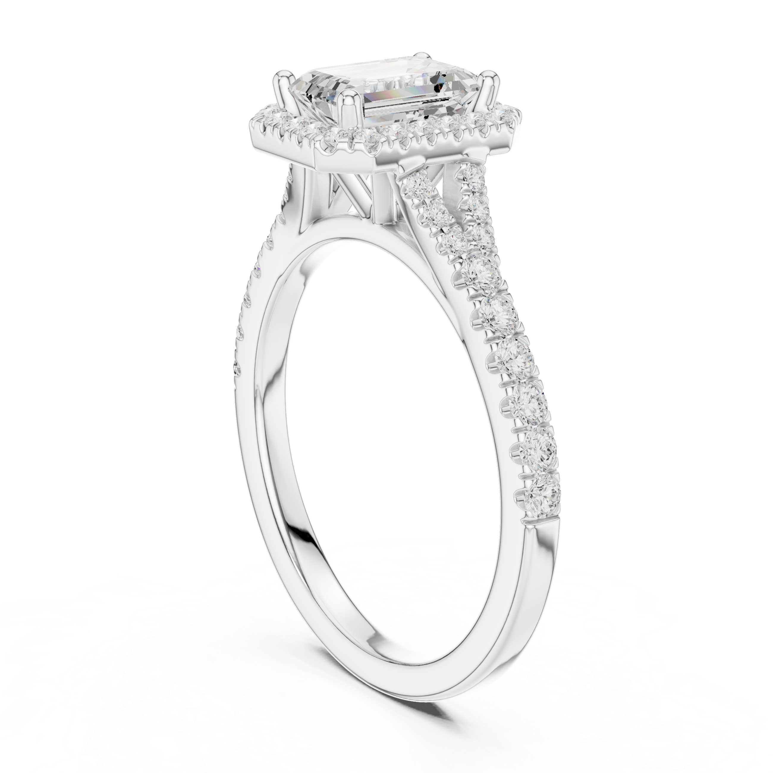 Gold 1Ct Emerald Cut Halo Pave Split Shank Lab Grown Diamond Mirara Ring