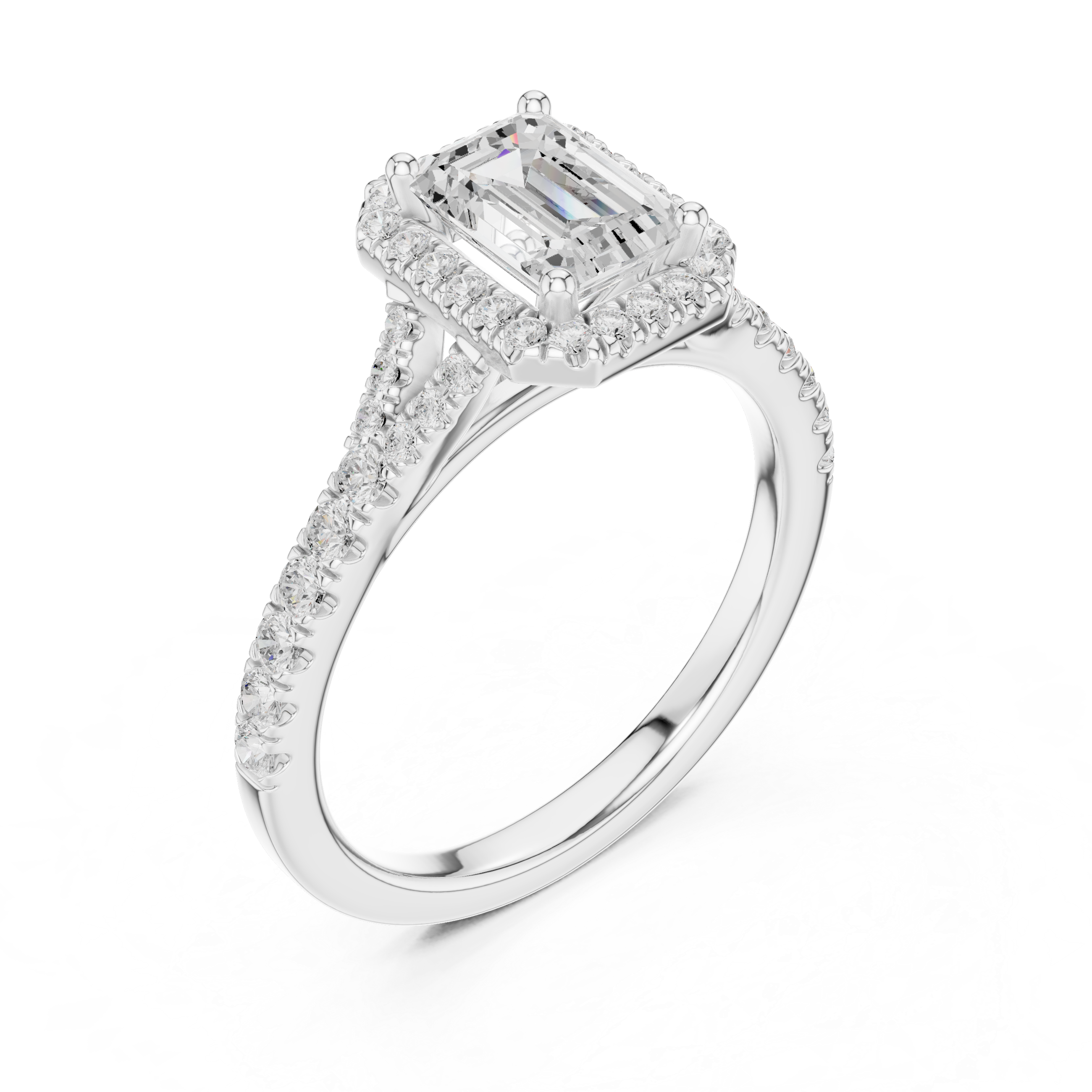 Gold 1Ct Emerald Cut Halo Pave Split Shank Lab Grown Diamond Mirara Ring