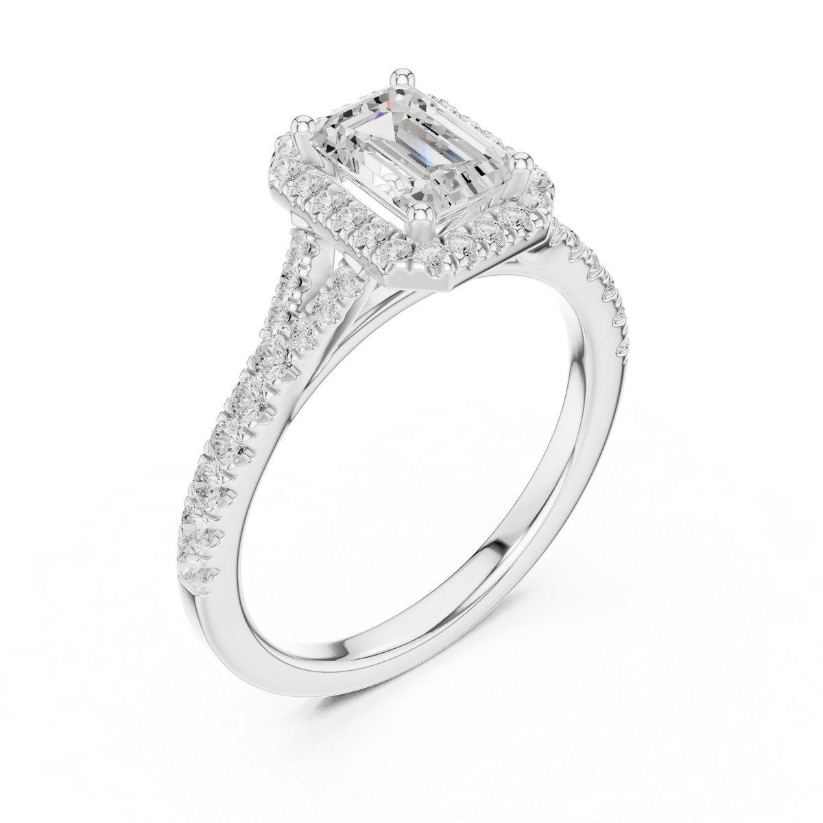 Gold 1Ct Emerald Cut Halo Pave Split Shank Lab Grown Diamond Mirara Ring