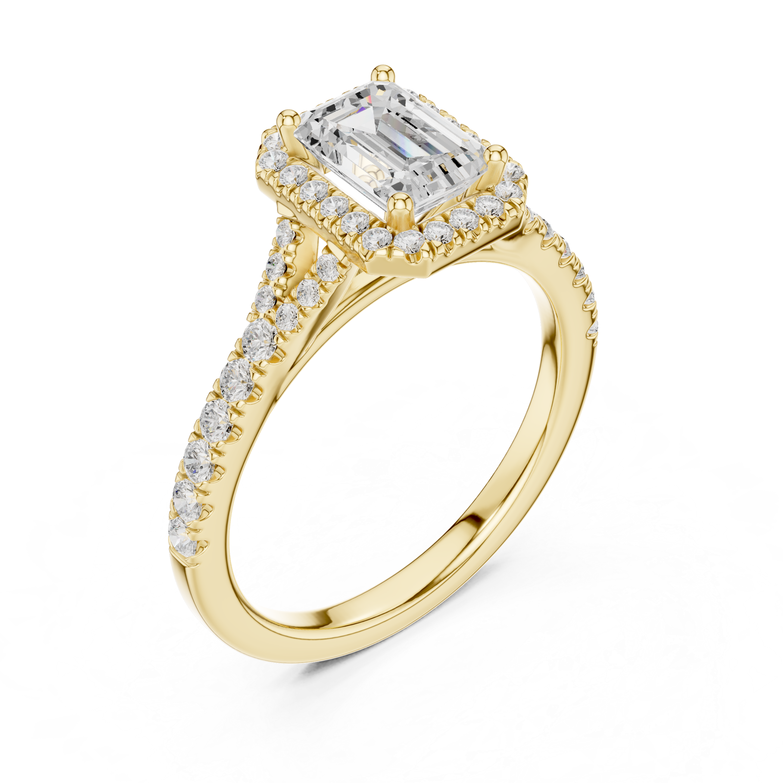 Gold 1Ct Emerald Cut Halo Pave Split Shank Lab Grown Diamond Mirara Ring