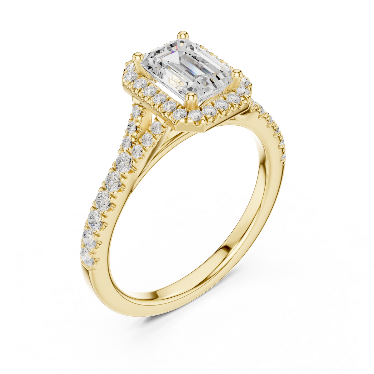 Gold 1Ct Emerald Cut Halo Pave Split Shank Lab Grown Diamond Mirara Ring