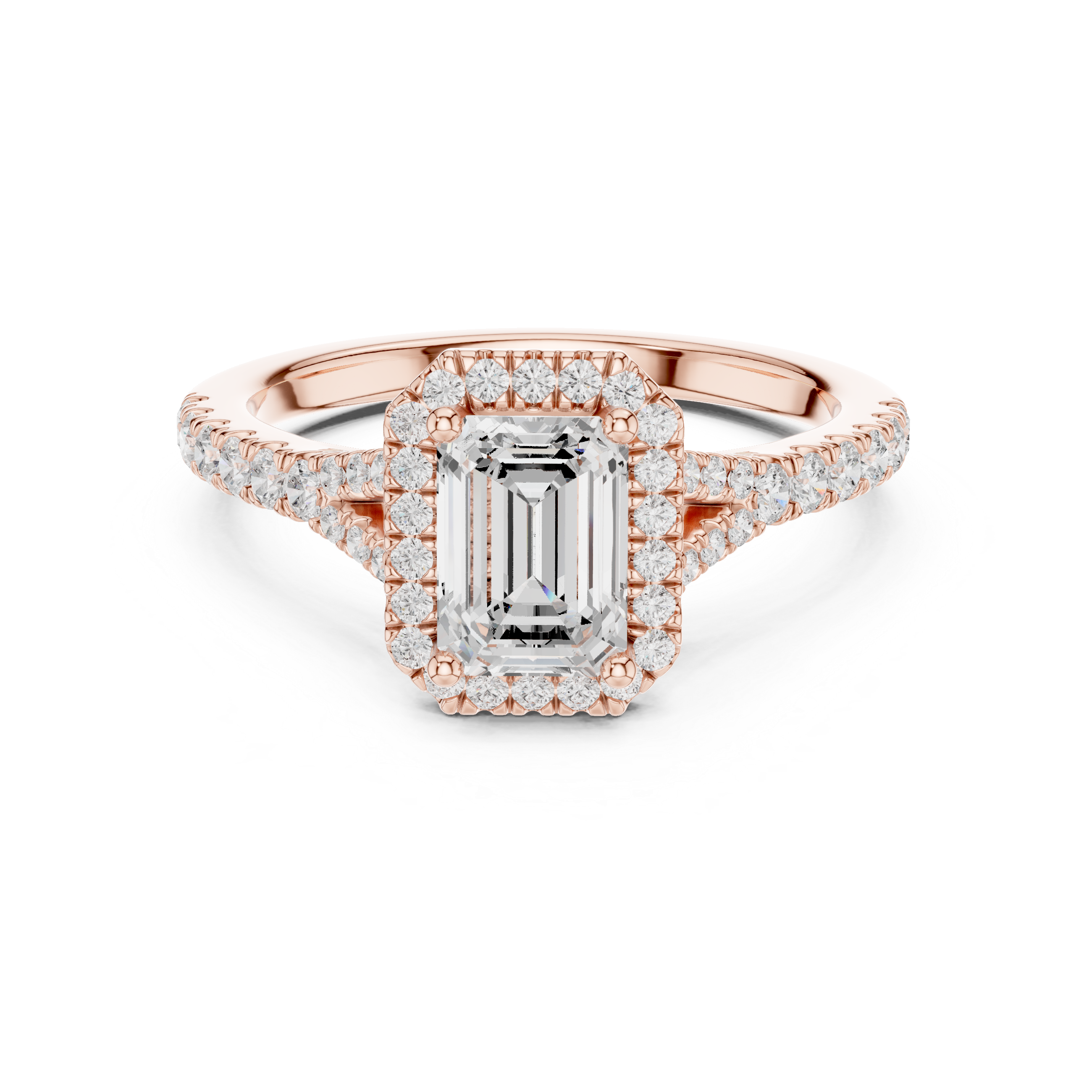 Gold 1Ct Emerald Cut Halo Pave Split Shank Lab Grown Diamond Mirara Ring