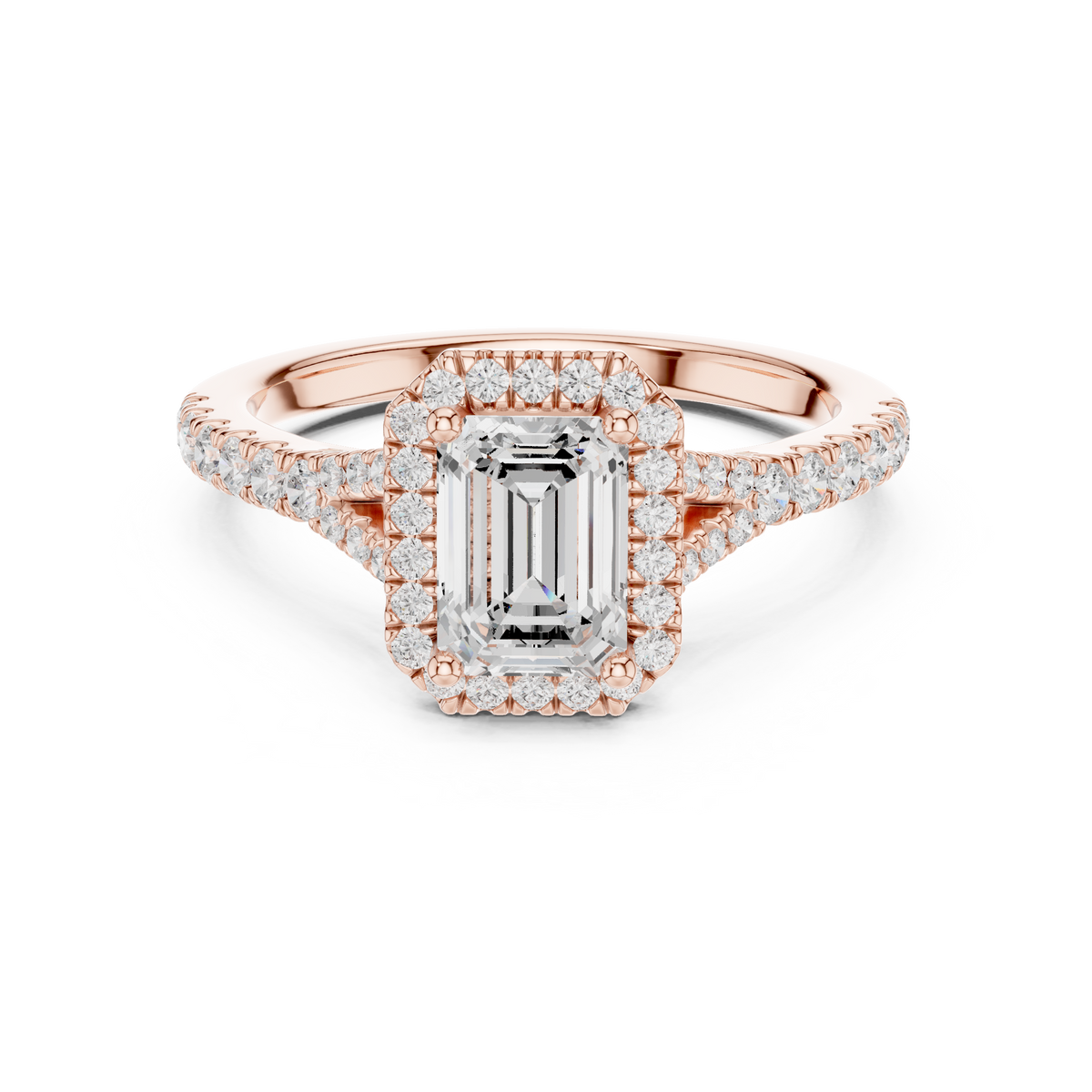 Gold 1Ct Emerald Cut Halo Pave Split Shank Lab Grown Diamond Mirara Ring