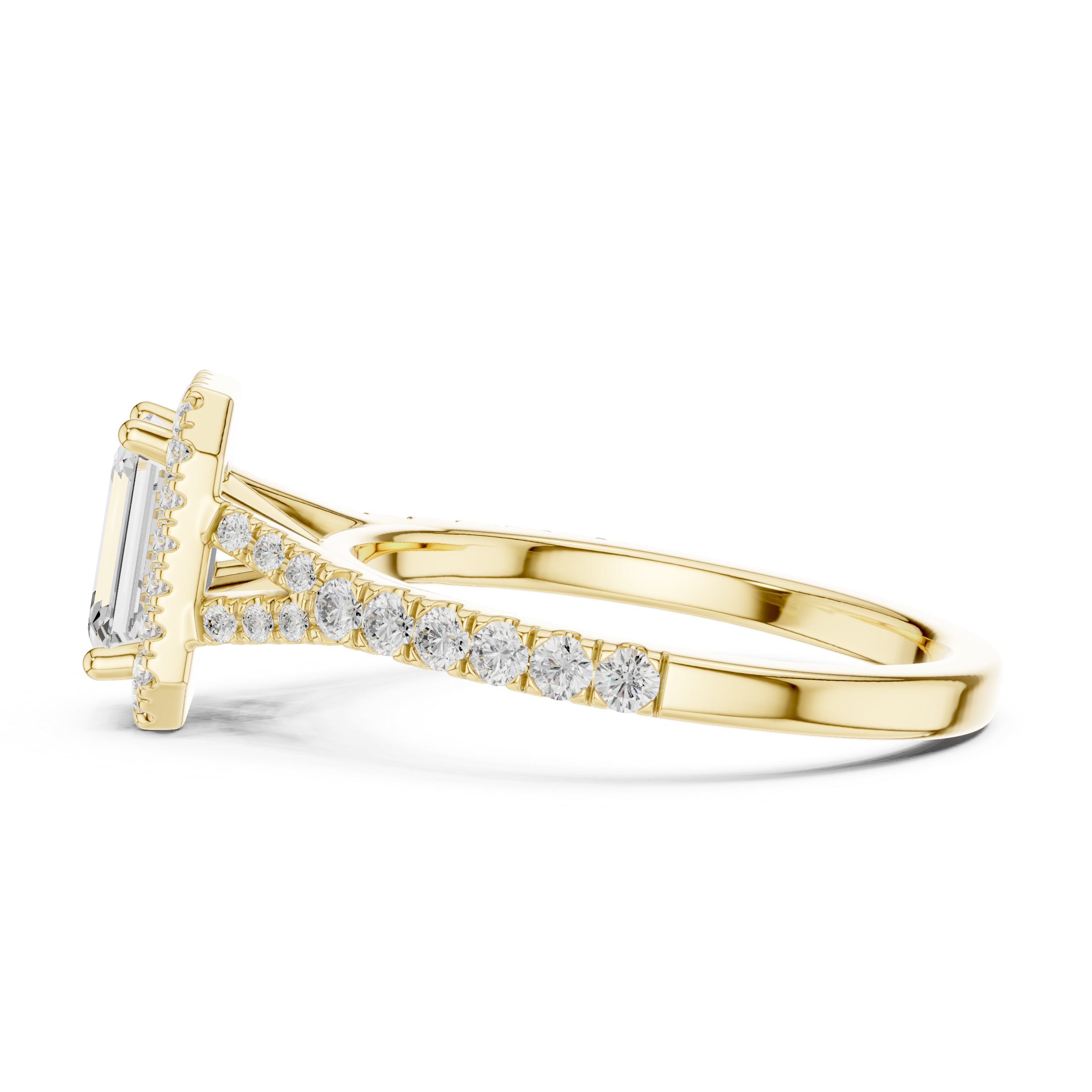 Gold 1Ct Emerald Cut Halo Pave Split Shank Lab Grown Diamond Mirara Ring