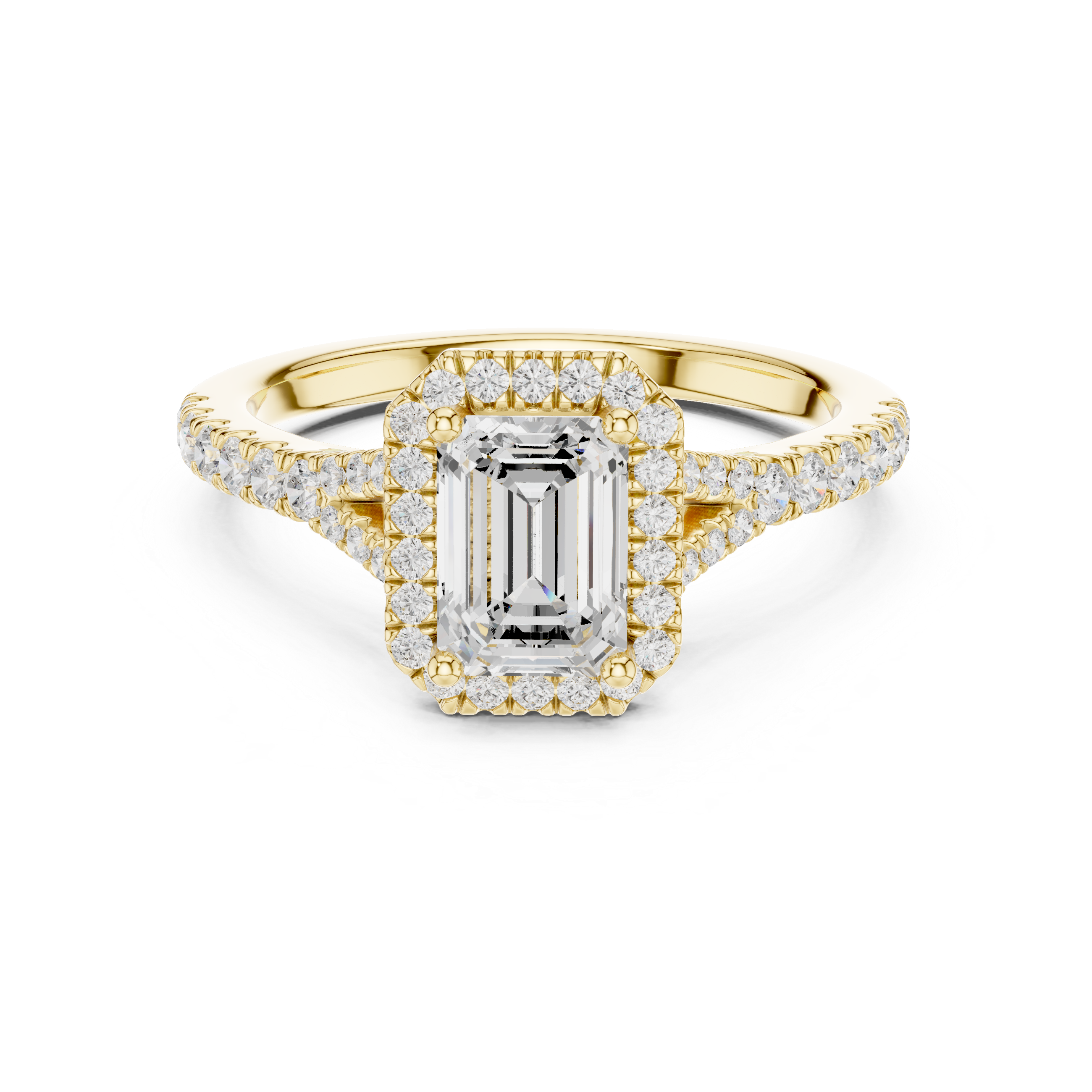 Gold 1Ct Emerald Cut Halo Pave Split Shank Lab Grown Diamond Mirara Ring