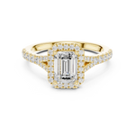 Gold 1Ct Emerald Cut Halo Pave Split Shank Lab Grown Diamond Mirara Ring