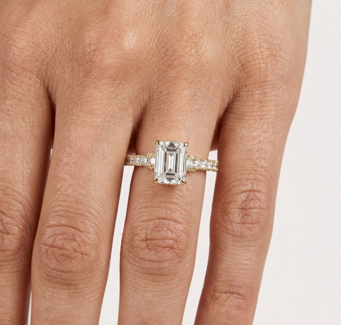 Gold 1Ct Emerald Hidden Halo Pave Lab Grown Diamond Domi Ring