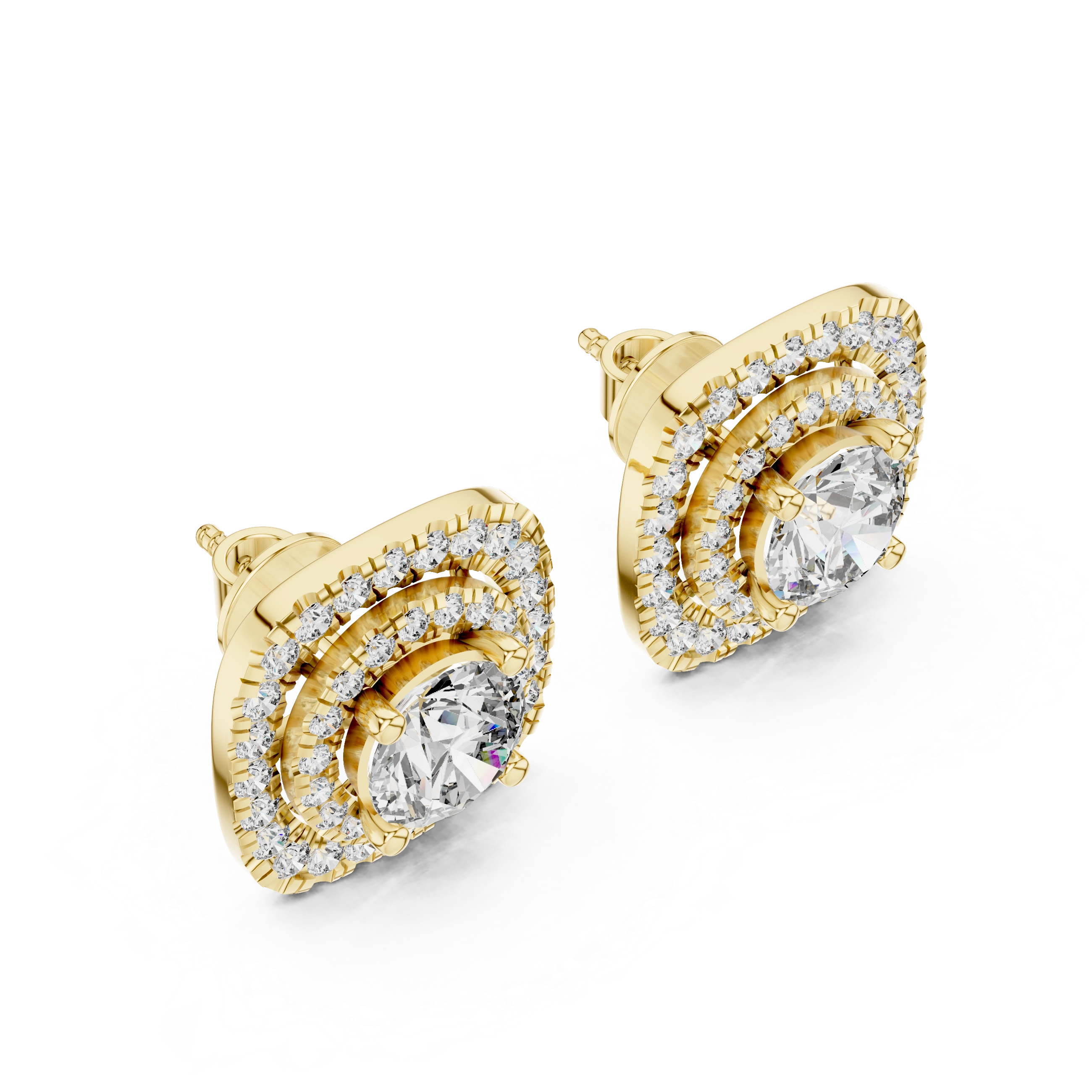 Gold 2 5Ct Round Designer Double Halo Lab Grown Diamond Stud Earrings