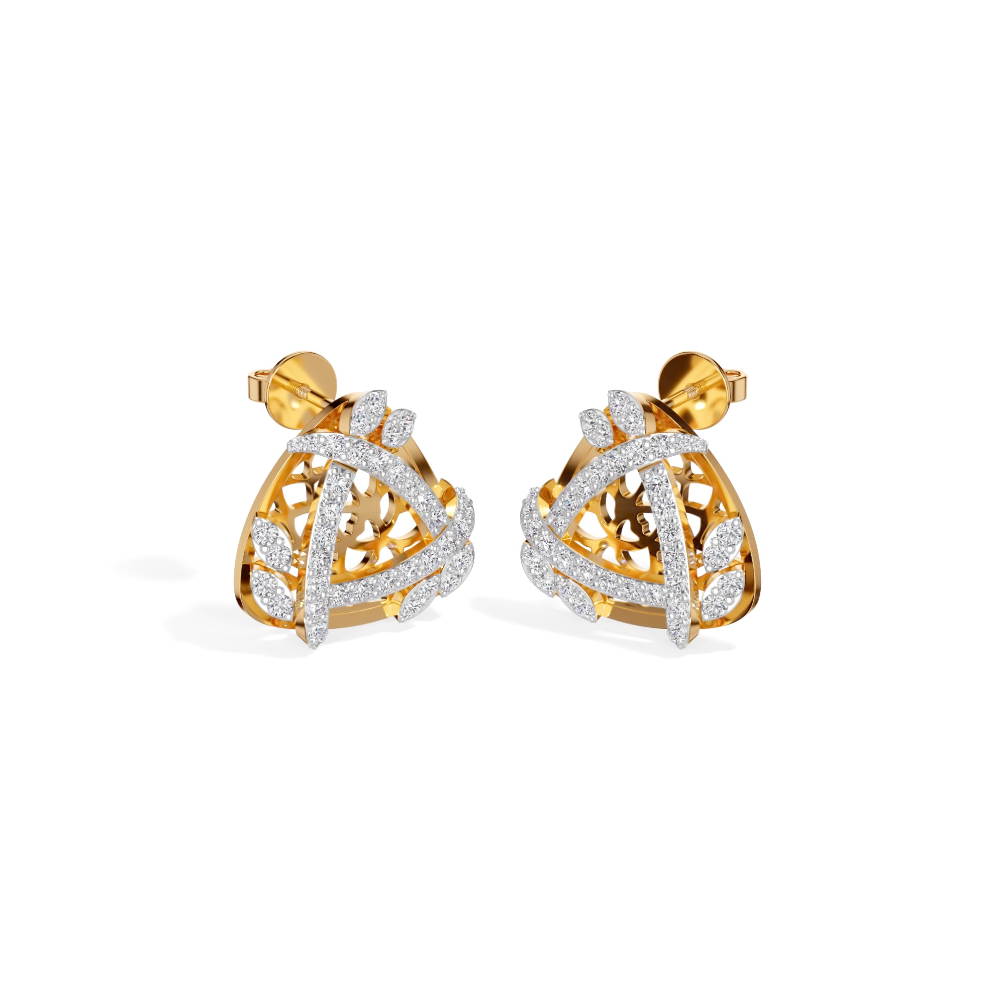 Yellow Gold Geometric Floral Pave Design Round Lab Grown Diamond Zyara Earring