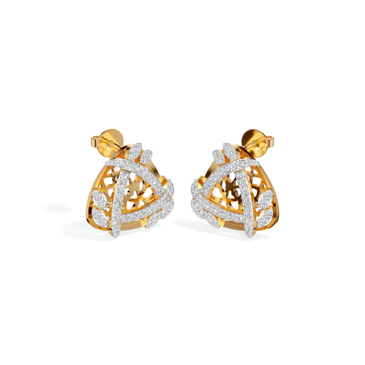 Yellow Gold Geometric Floral Pave Design Round Lab Grown Diamond Zyara Earring