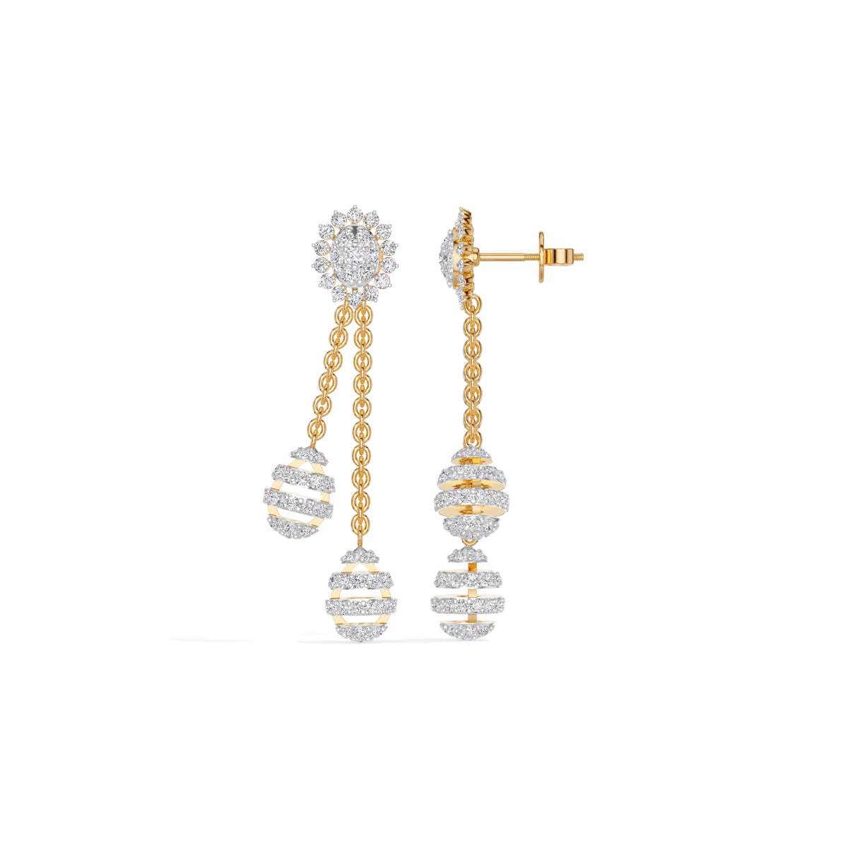 Yellow Gold 2Ct Floral Halo Tassel Drop Design Round Lab Grown Diamond Zalara Earring