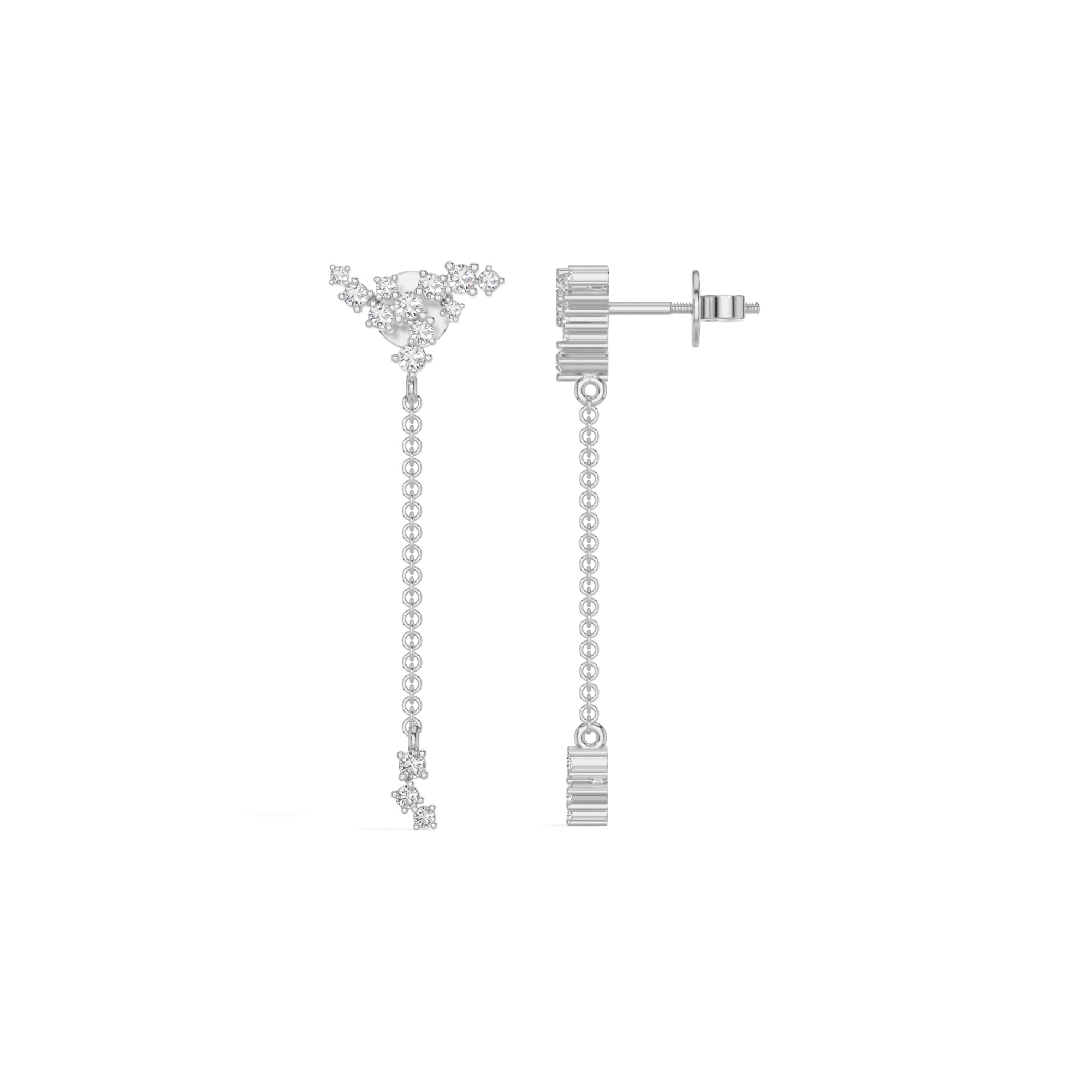 White Gold Floral Cluster Chain Drop Design Round Lab Grown Diamond Myrix Earring
