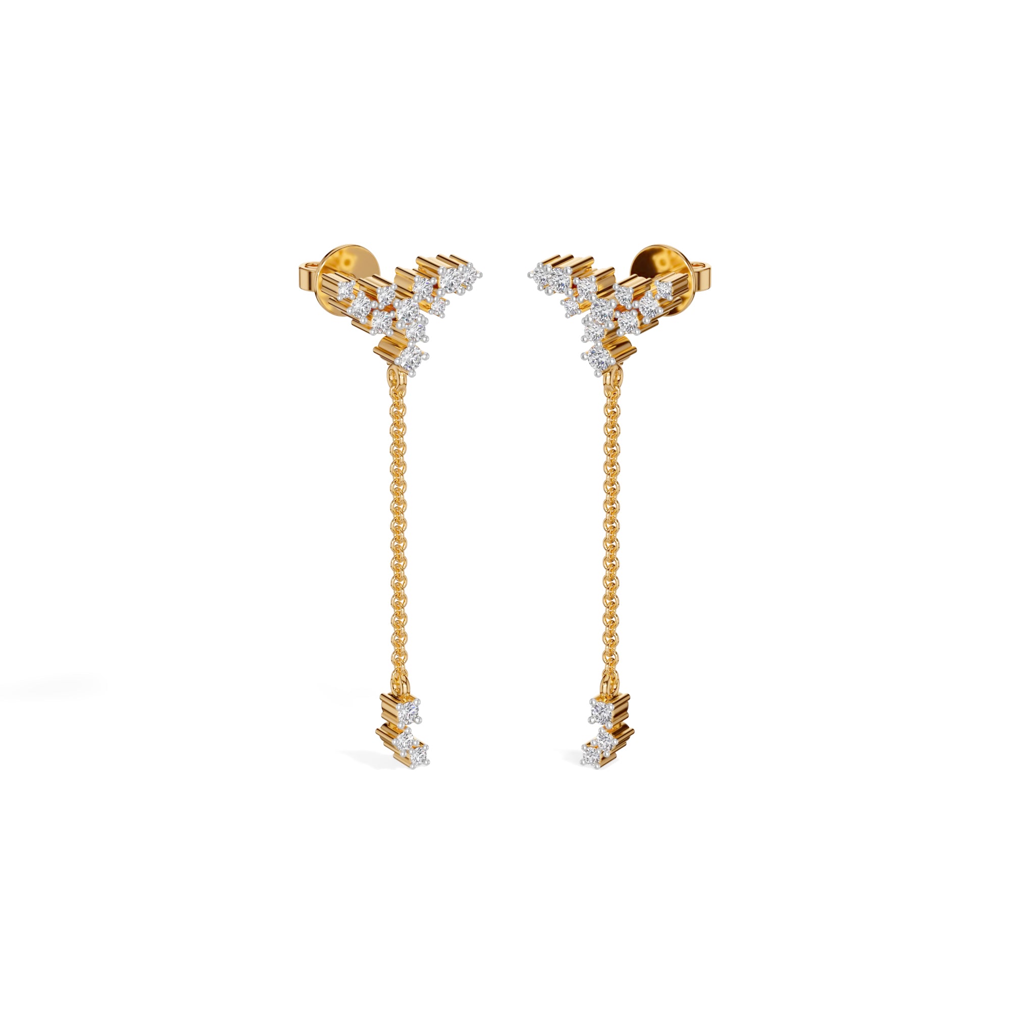 Yellow Gold Floral Cluster Chain Drop Design Round Lab Grown Diamond Myrix Earring