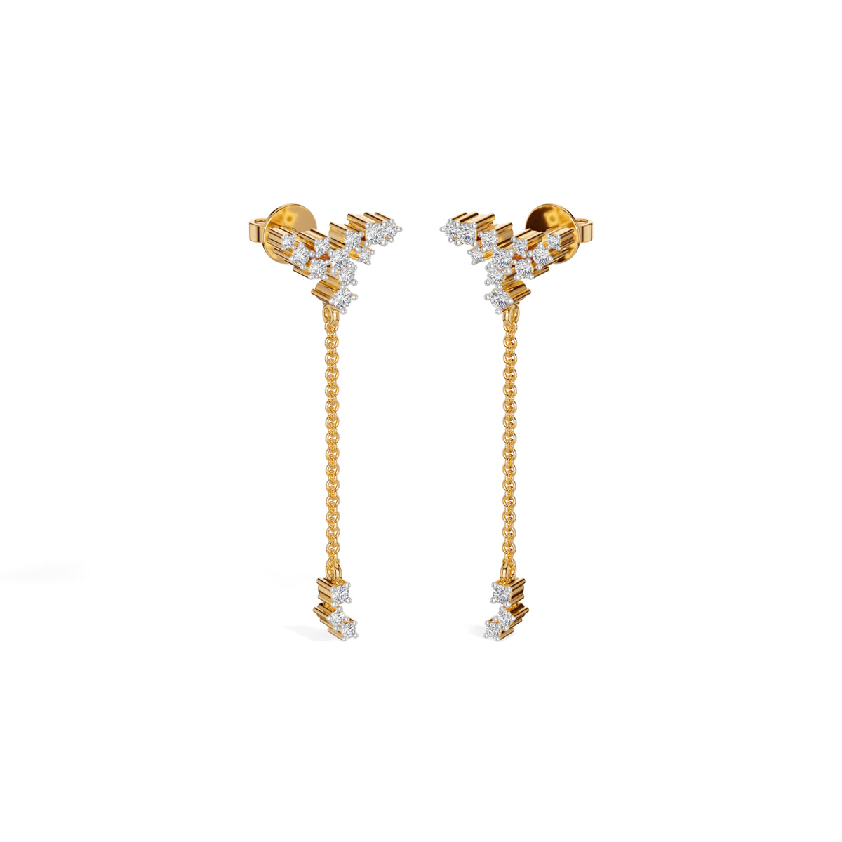 Yellow Gold Floral Cluster Chain Drop Design Round Lab Grown Diamond Myrix Earring