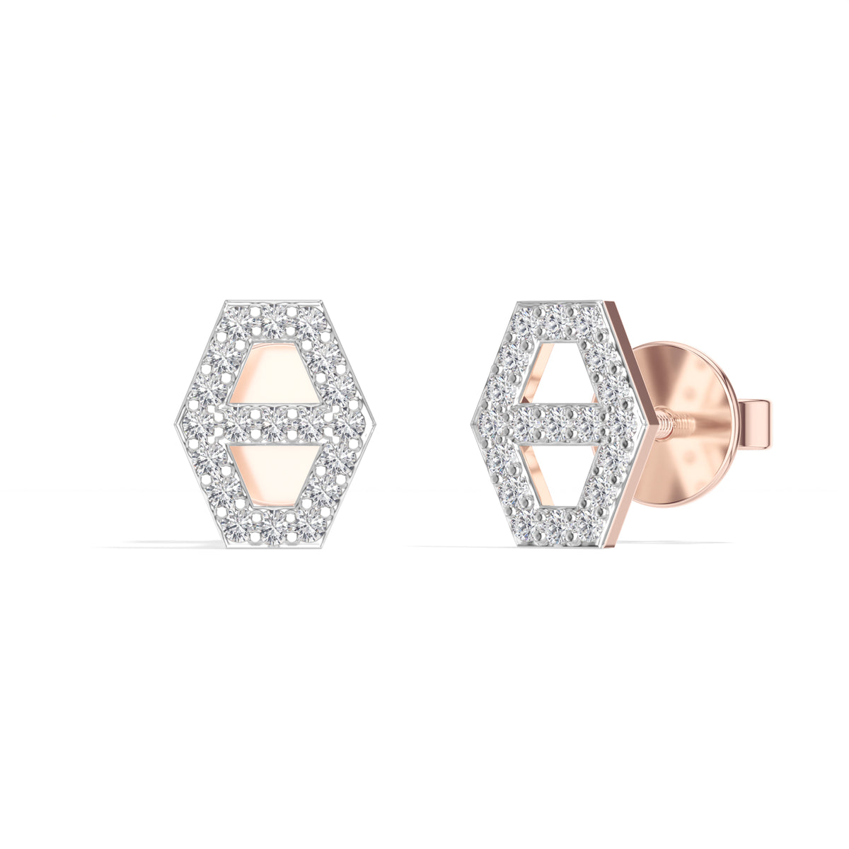 Hex Studs Round Lab Grown Diamond Open Hexagon Pave Border