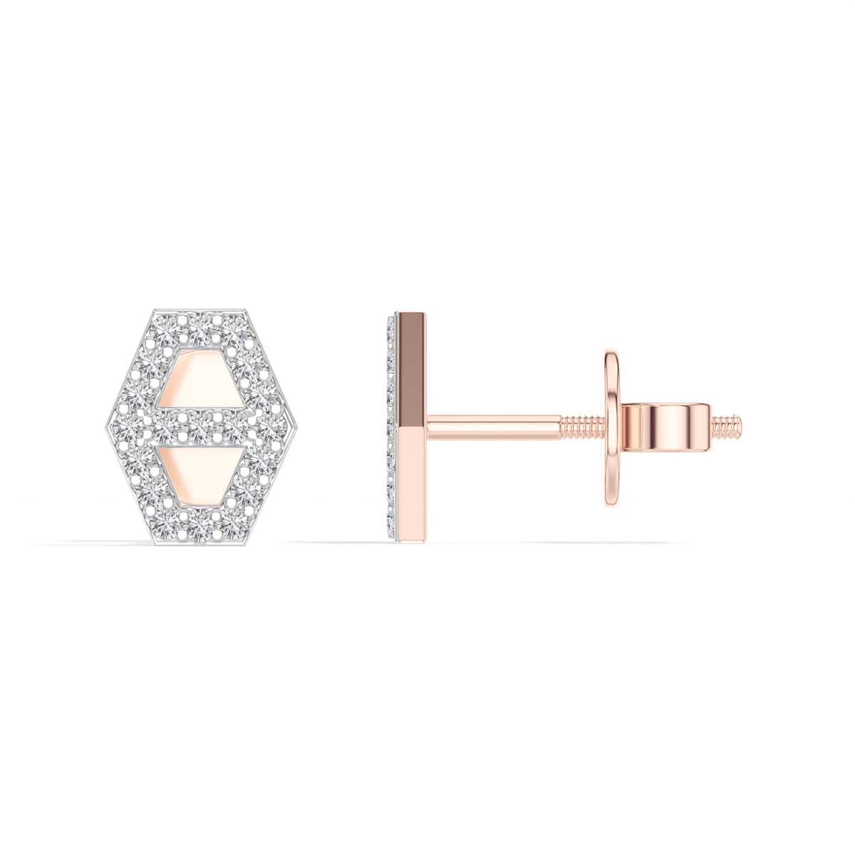 Hex Studs Round Lab Grown Diamond Open Hexagon Pave Border