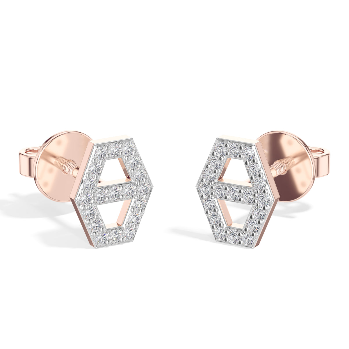 Hex Studs Round Lab Grown Diamond Open Hexagon Pave Border