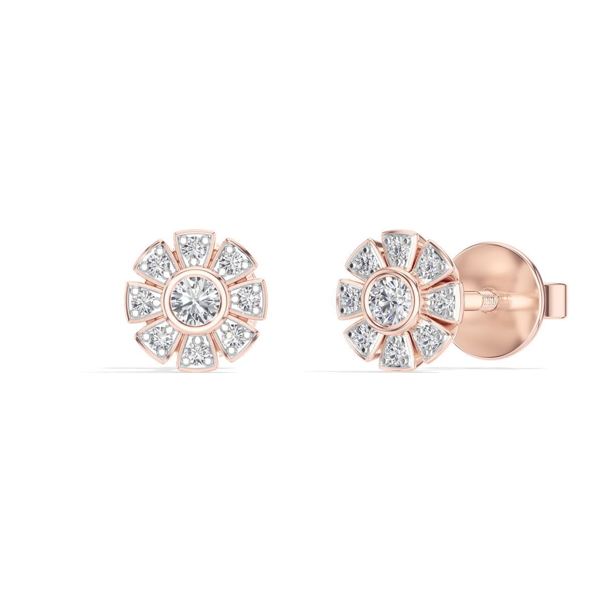 Bloom Studs Round Lab Grown Diamond Eight Petal Pave Edge Flower