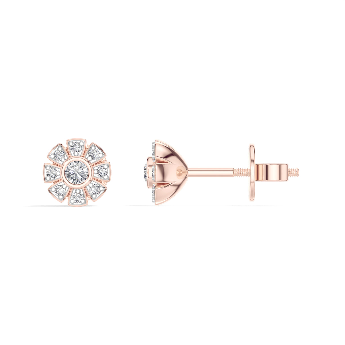 Bloom Studs Round Lab Grown Diamond Eight Petal Pave Edge Flower