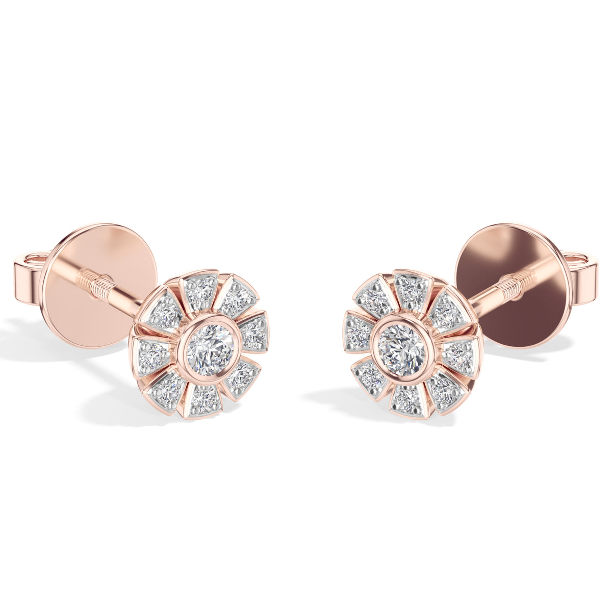 Bloom Studs Round Lab Grown Diamond Eight Petal Pave Edge Flower