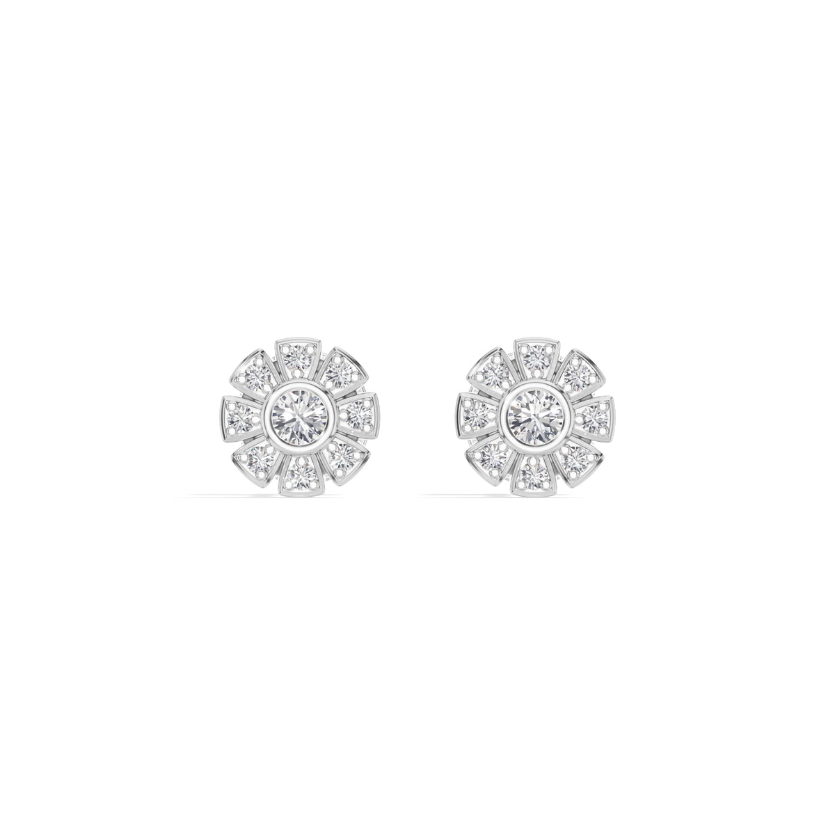 Bloom Studs Round Lab Grown Diamond Eight Petal Pave Edge Flower