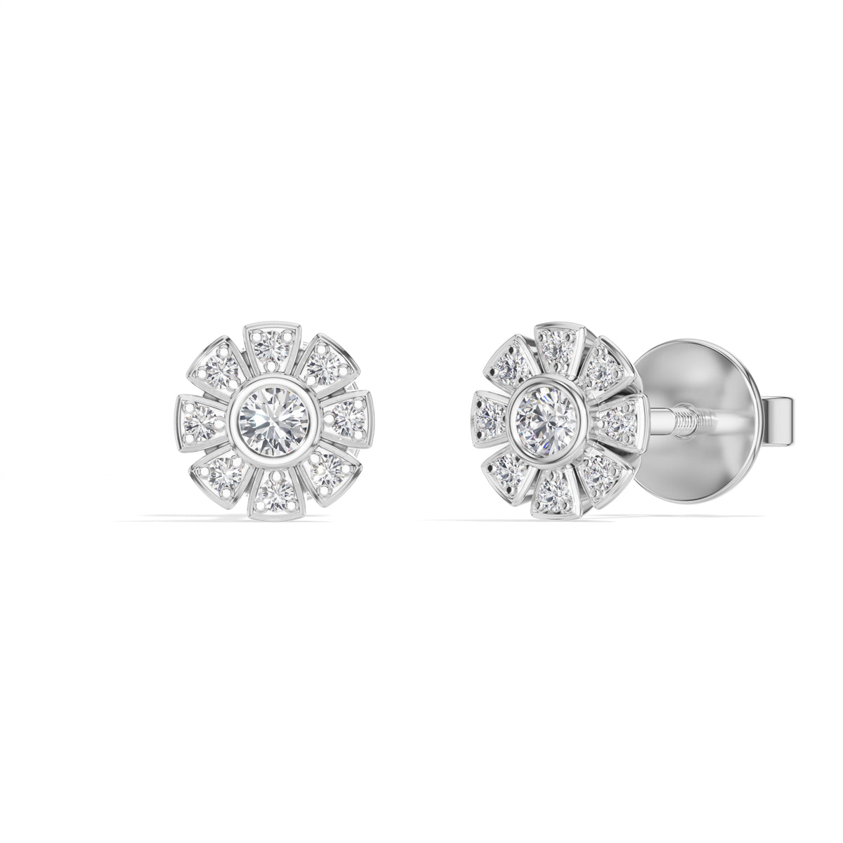 Bloom Studs Round Lab Grown Diamond Eight Petal Pave Edge Flower