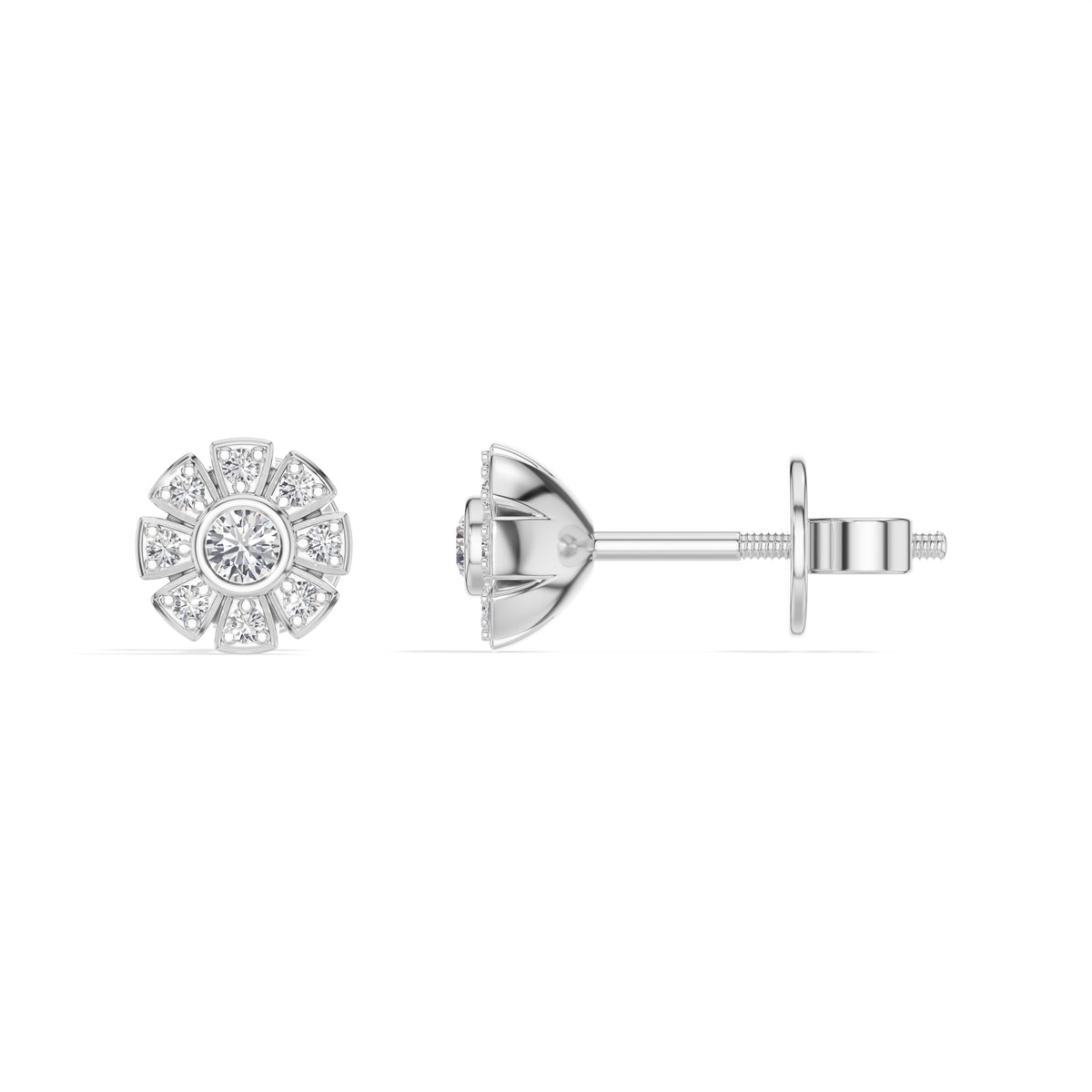 Bloom Studs Round Lab Grown Diamond Eight Petal Pave Edge Flower