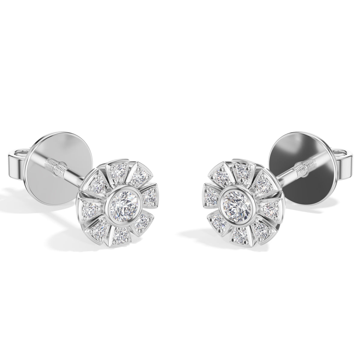 Bloom Studs Round Lab Grown Diamond Eight Petal Pave Edge Flower