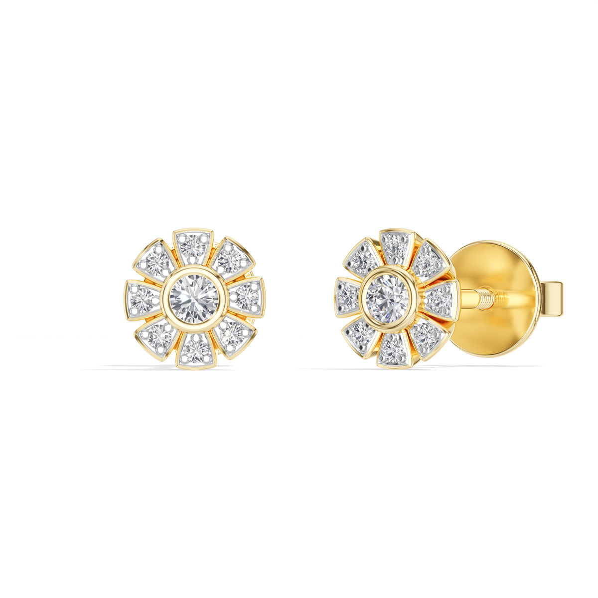 Bloom Studs Round Lab Grown Diamond Eight Petal Pave Edge Flower