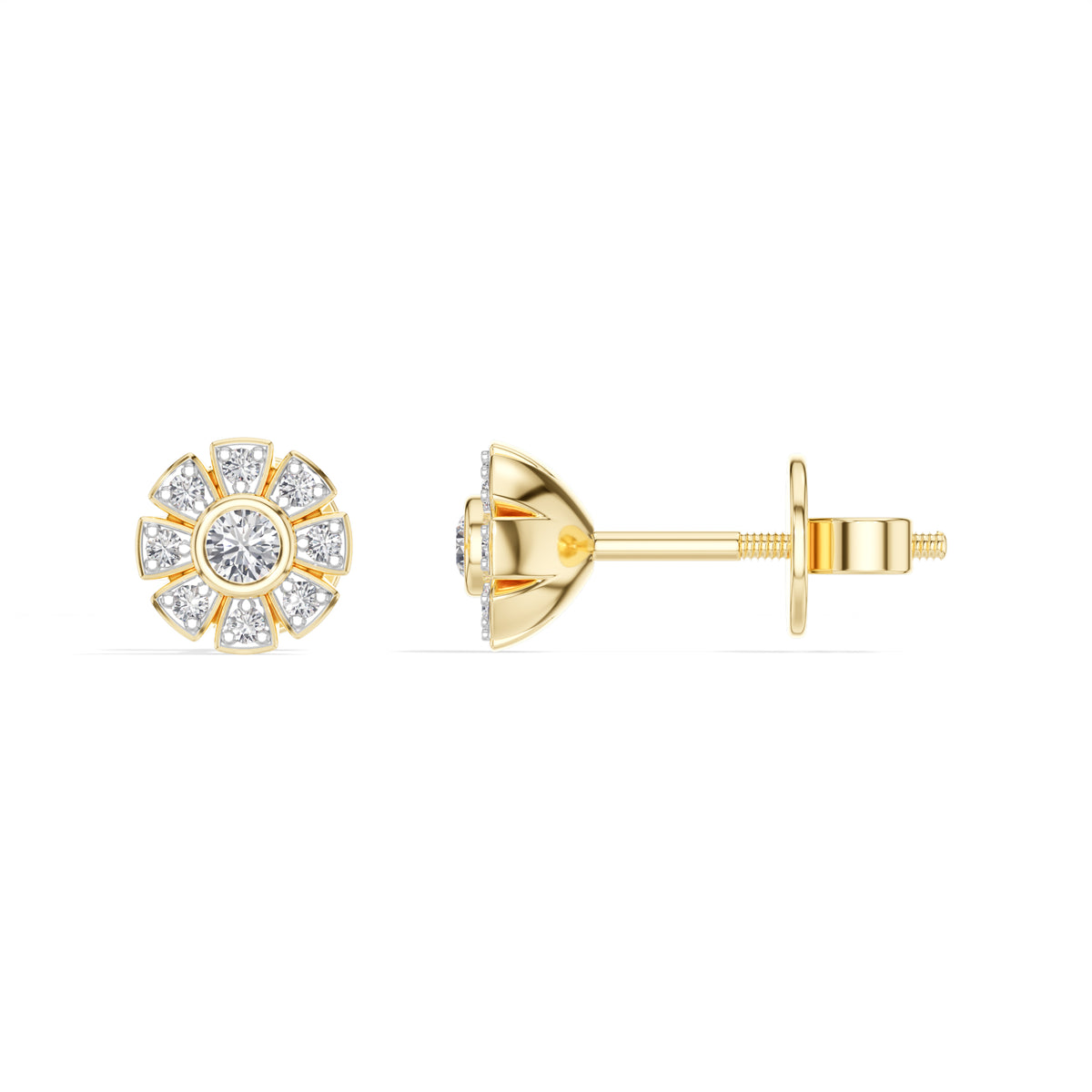 Bloom Studs Round Lab Grown Diamond Eight Petal Pave Edge Flower