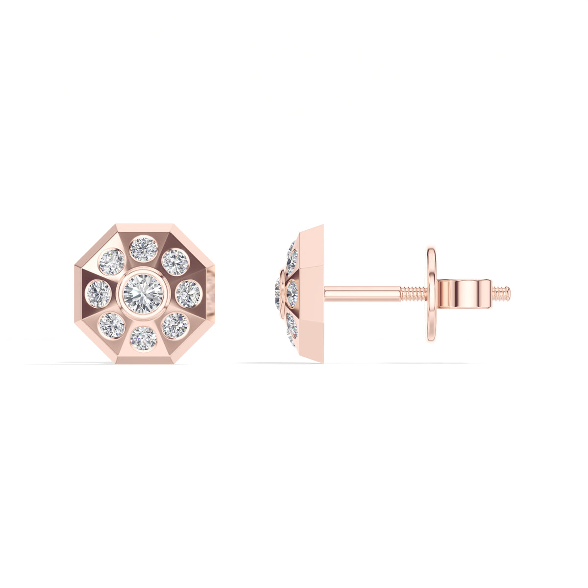 Cosmos Studs Round Lab Grown Diamond Full Pave Domed Octagon