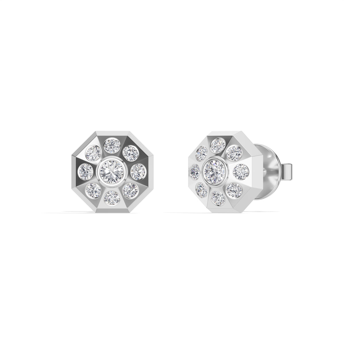 Cosmos Studs Round Lab Grown Diamond Full Pave Domed Octagon