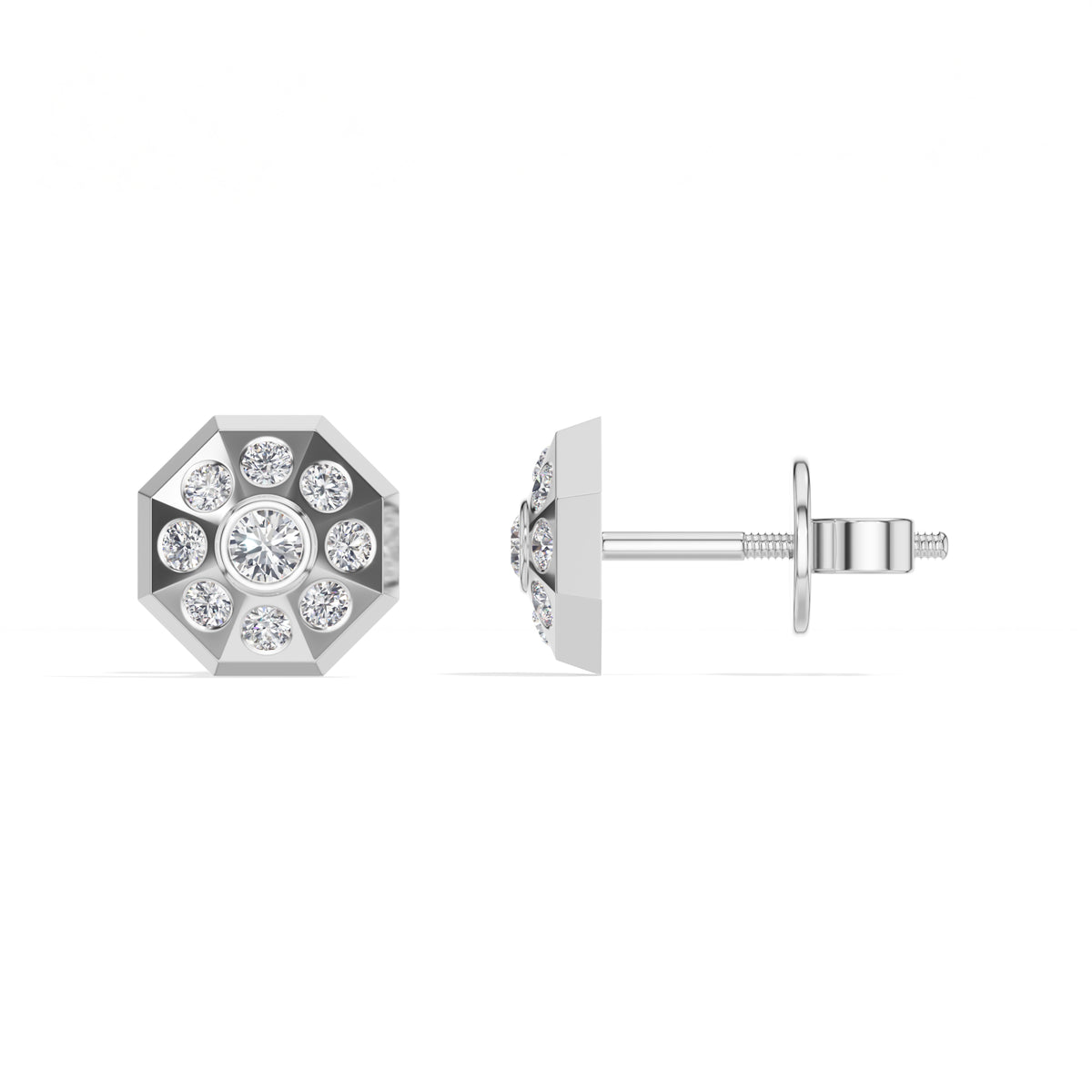 Cosmos Studs Round Lab Grown Diamond Full Pave Domed Octagon