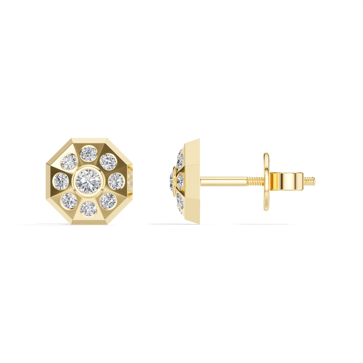 Cosmos Studs Round Lab Grown Diamond Full Pave Domed Octagon