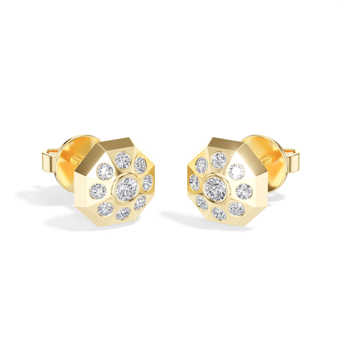Cosmos Studs Round Lab Grown Diamond Full Pave Domed Octagon