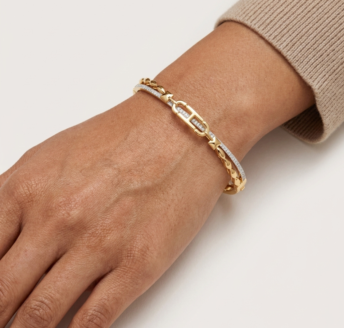 Gold Pave Link Round Lab Grown Diamond Elvion Bracelet