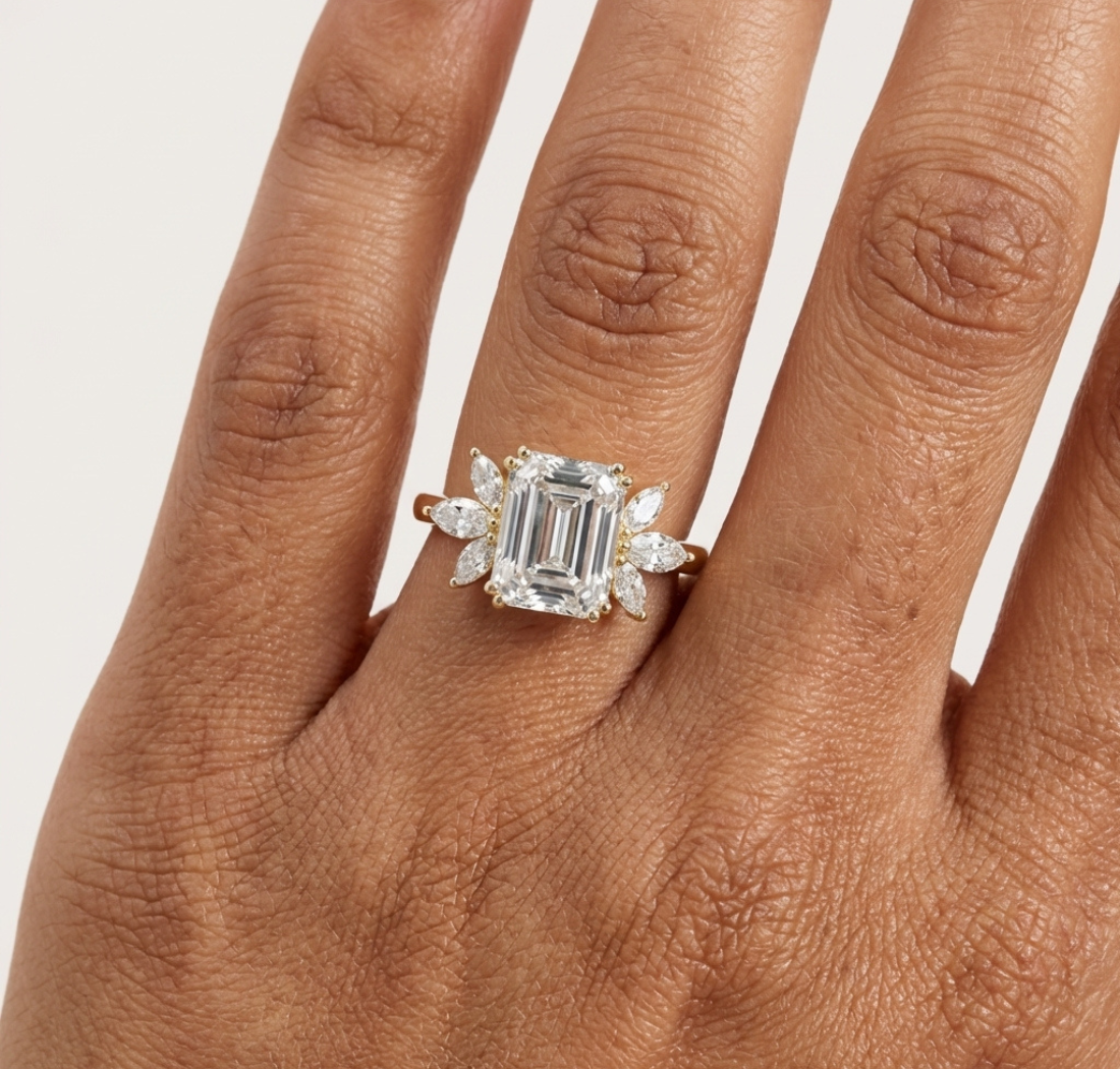 Gold 3Ct Solitaire Emerald Marquise Side Stone Lab Grown Diamond Erato Ring
