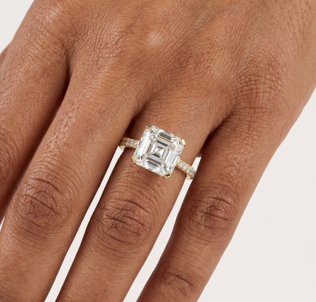 Gold 4Ct Solitaire Pave Band Asscher Lab Grown Diamond Eslyn Ring