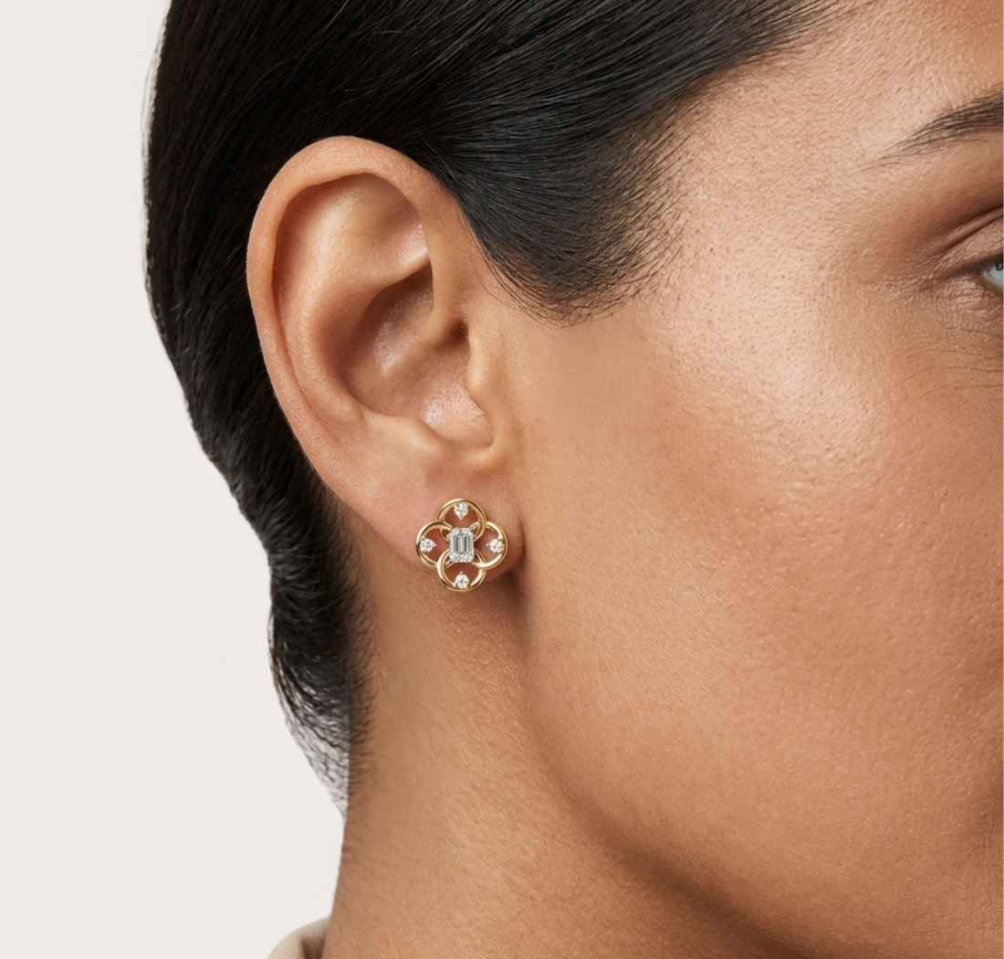 Gold Petal Swirl Emerald Lab Grown Diamond Flira Earring