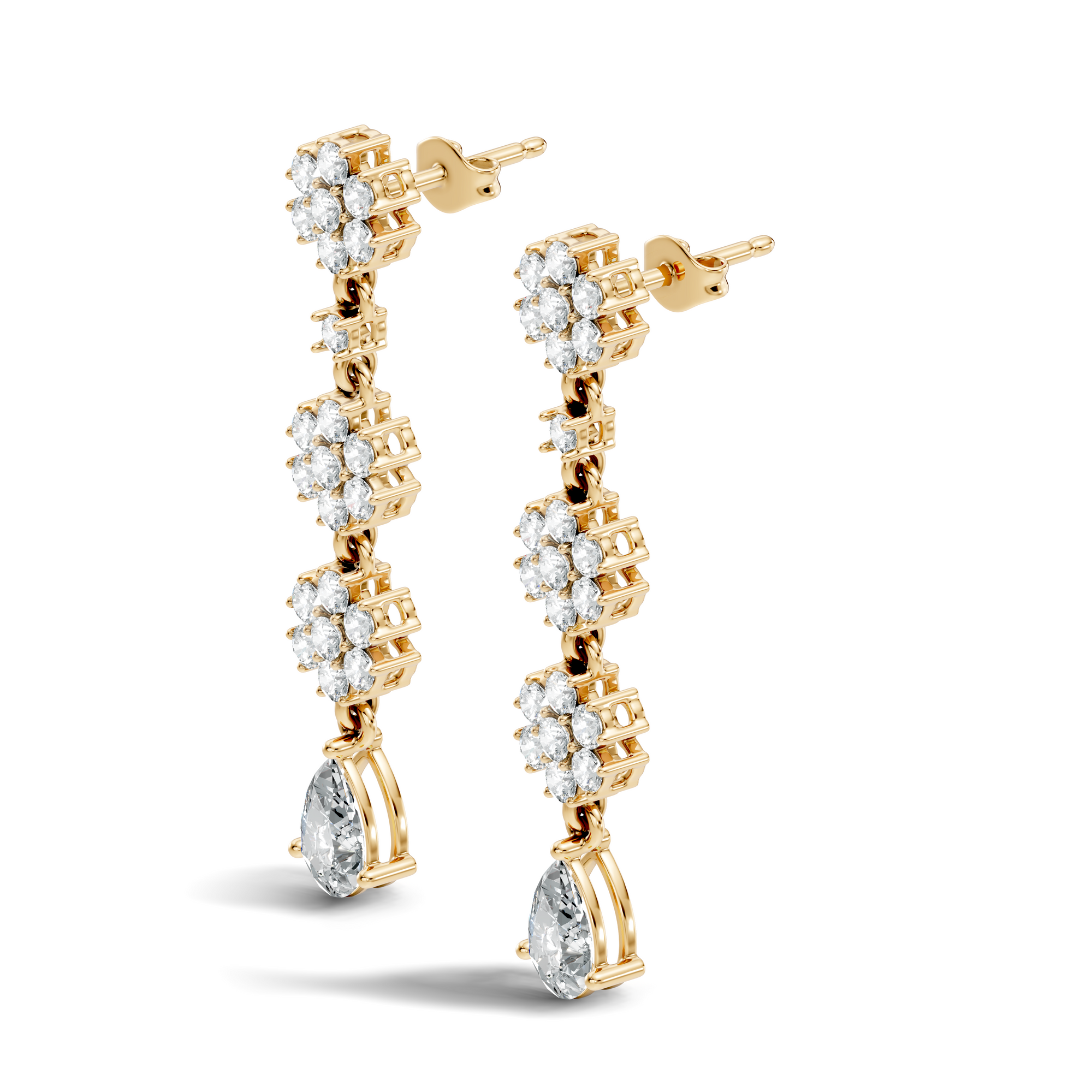 yellow long drop earrings with round lab grown diamond clusters and pear drop