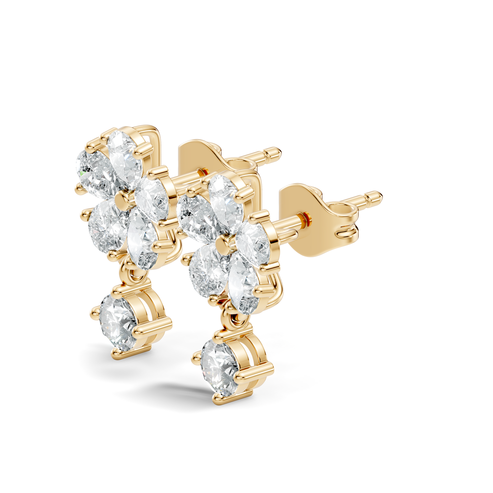 Yellow gold stud lab grown earrings featuring pear cut diamonds arranged in a cascading drop design